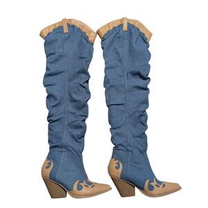 Fashion Nova Women's 5.5 Thigh High Blue Jean Boots Faux Leather Over The Knee